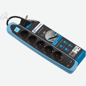 Удлинитель Electraline 5Р+2USB с выключателем 3x1-2М с заземлением силикон черно-синий Китай