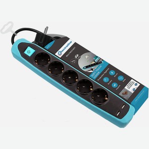 Удлинитель Electraline 5Р+2USB с выключателем 3x1-2М с заземлением силикон черно-синий, 2м