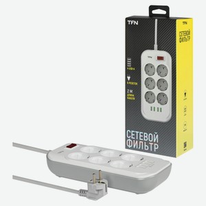 Сетевой фильтр TFN Power 3 White 6 розеток 4хUSB-A, 2 м