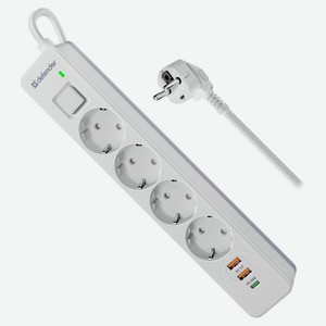 Удлинитель Defender DFS-143 с сетевым фильтром белый USB+Type-C 4 розетки, 3 м