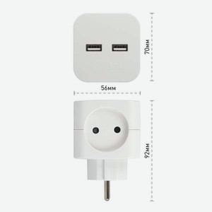 Разветвитель электрический ЭРА SP-2-USB-W на 2 розетки 2xUSB-А: 2.4А/5В без заземления 10А Белый