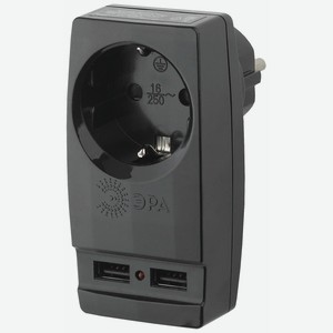 Адаптер сетевой ЭРА SP-1e-USB-B  USB для розетки  с заземлением  с USB  1 розетка  плоский  16А  черный