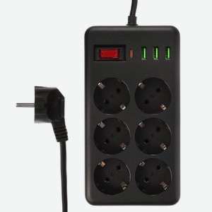 Удлинитель, сетевой фильтр 6 гнезд 3м BY Black, 3*USB, 1*type-C,выкл., 2500Вт,чёрный