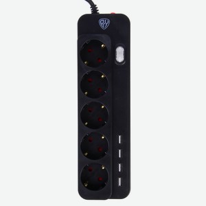 BY Удлинитель сетевой фильтр 5 розеток, 4xUSB (3А), 2м, 0,75кв.мм,10А,2500Вт, чёрный