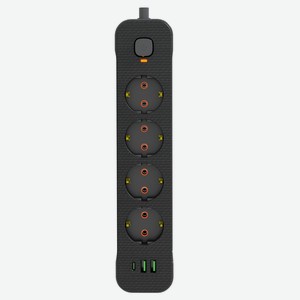 BY Удлинитель 3 м, 4 гнезда с зазем. + 2USB+ 1type C с защ., с выкл. черн. карбон сеч провода 1мм