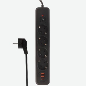 Удлинитель, сетевой фильтр 4 гнезда 3м BY Black, 2*USB, 1*type-C,выкл., 2500Вт, чёрный