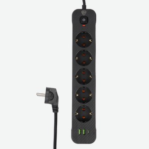 Удлинитель 5 гнезд 3м, BY, с зазем. + 2USB+ 1type C с защитой, с выкл.черн карбон сеч провода 1мм