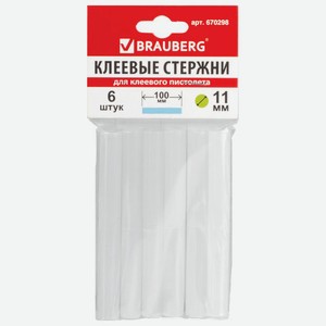 Клеевые стержни, диаметр 11мм, длина 100мм, белые, КОМПЛЕКТ 6 штук, BRAUBERG, европодвес, 670298