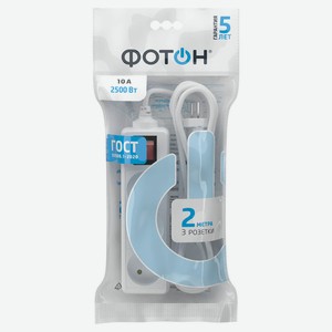 Удлинитель сетевой  ФОТОН  10-23S, 2м, 3 розетки, 10А, с выкл., Белый