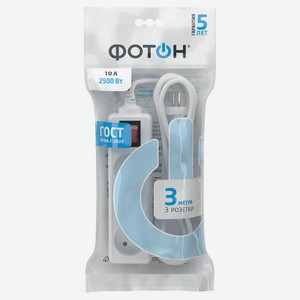 Удлинитель сетевой  ФОТОН  10-33S, 3м, 3 розетки, 10А, с выкл., Белый