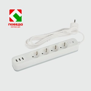 Фильтр сетевой «ЭРА» 2200Вт, 3 USB + 4 розетки, 1.5 м