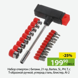 Набор отверток с битами, 21 пр, Bartex, SL, PH, T, с Т-образной ручкой, углерод сталь, блистер, AI-2