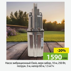 Насос вибрационный Oasis, верх забор, 10 м, 250 Вт, погруж. 3 м, напор 60 м, 1.5 м?/ч