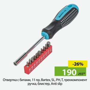 Отвертка с битами, 11 пр, Bartex, SL, PH, T, трехкомпонент ручка, блистер, Anti slip