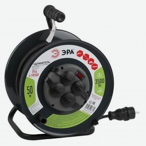 Удлинитель силовой Эра RMx-4es-3x1.5-50m-IP44(KG), розеток 4шт, 3x1.5 кв.мм, 16A, 50м, ПВС, катушка металлическая, черный [б0046804]