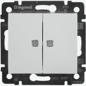 Выключатель Legrand Valena 2-клавишный, с индикацией, установка скрытая, IP20, белый [774428]