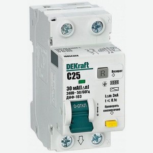Выключатель автом. дифф. тока DEKraft ДИФ-103 (16054DEK) 10A тип C 4.5kA 30мА AC 1П+Н 230В 2мод белы