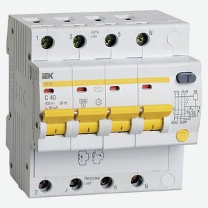 Выключатель автом. дифф. тока IEK АД14 (MAD10-4-040-C-030) 40A тип C 4.5kA 30мА AC 4П 400В 5мод белы