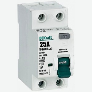 Выключатель дифф.тока УЗО DEKraft УЗО-03 (14203DEK) 25A 6kA 10мА AC 2П 230/400В 2мод (упак.:1шт)