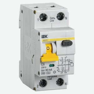Выключатель автом. дифф. тока IEK АВДТ 32 (MAD22-5-006-C-30) 6A тип C 6kA 30мА A 1П+Н 230В 2мод белы