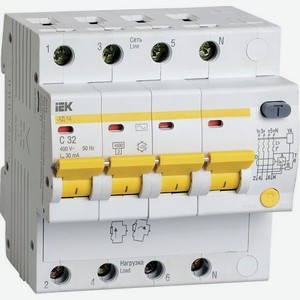 Выключатель автом. дифф. тока IEK АД14 (MAD10-4-032-C-030) 32A тип C 4.5kA 30мА AC 4П 400В 5мод белы