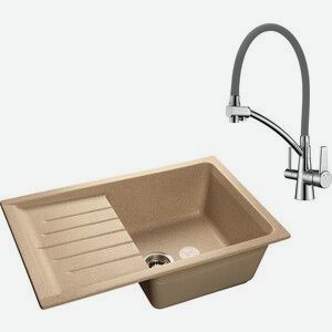Кухонная мойка и смеситель GranFest Practik GF-P760L, Lemark Comfort LM3071C-Gray с сифоном, песочная